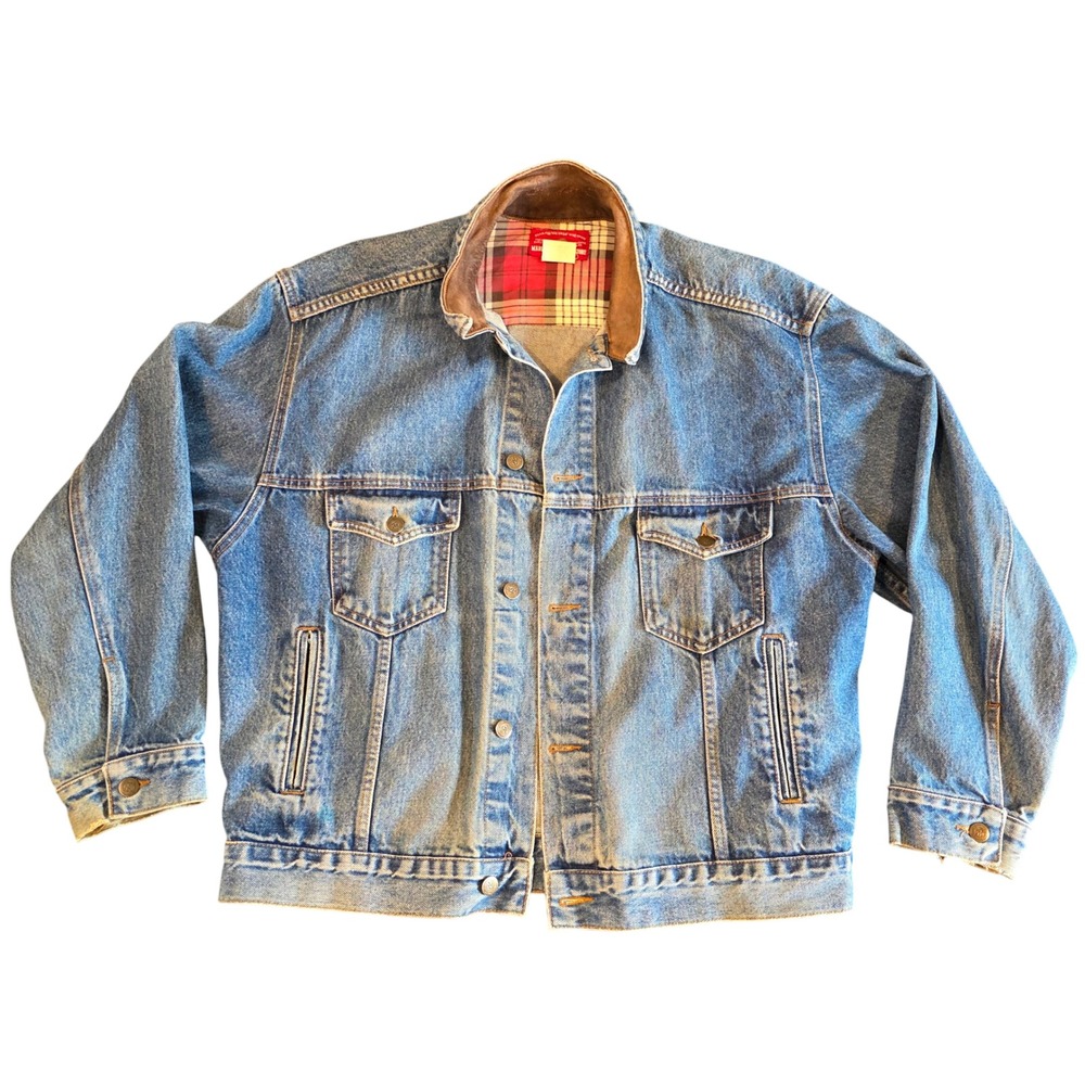 Vintage Marlboro Country Store Denim Jacket Leather Collar Plaid Lined USA Large